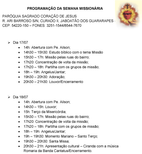 PROGRAMAÇÃO DA SEMANA MISSIONÁRIA