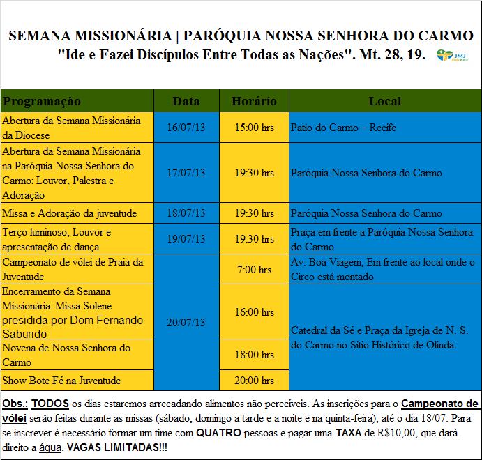 Programação da S.M. Paróquia Nossa Senhora do Carmo