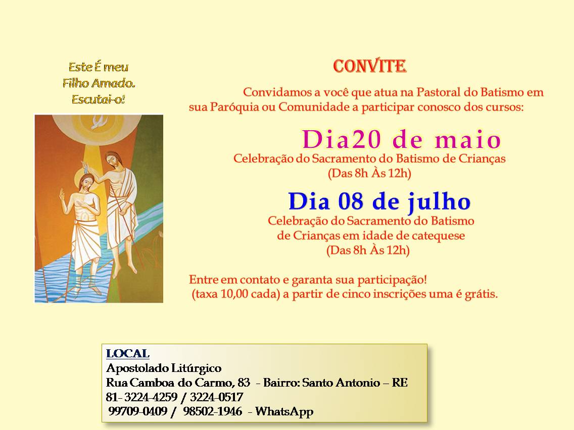 Formação para Pastoral do Batismo (20/05 e 08/07)