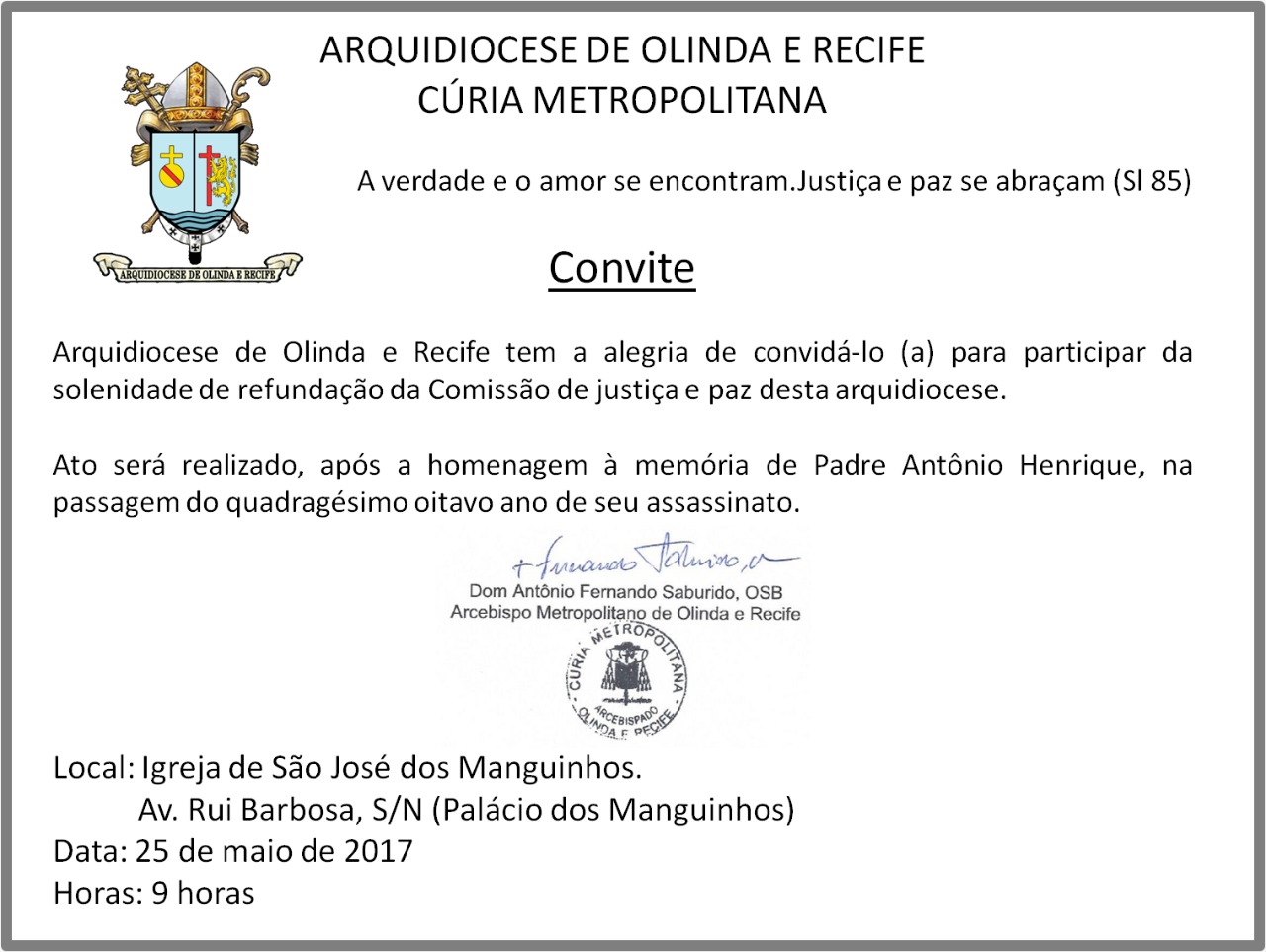Convite: Refundação da Comissão de Justiça e Paz arquidiocesana (25/05)