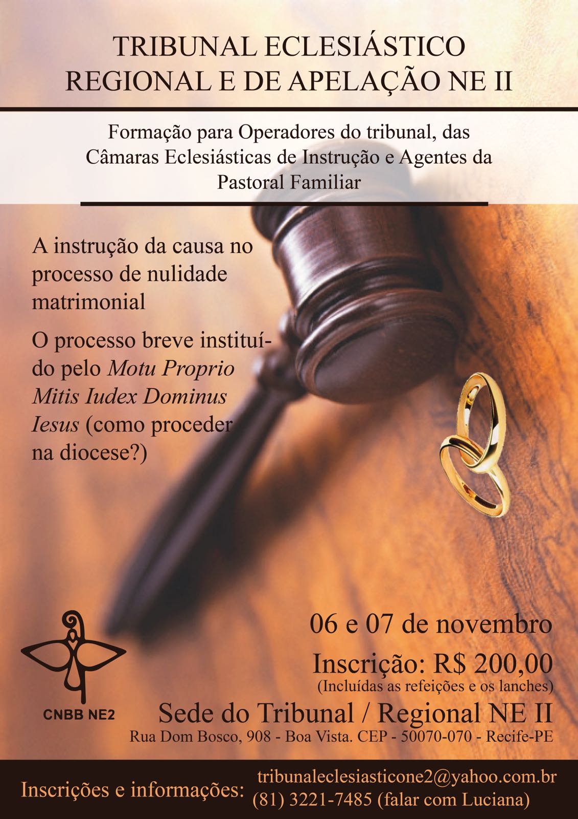 Tribunal Eclesiástico Regional do NE2 CNBB promove formação (06 e 07/11)