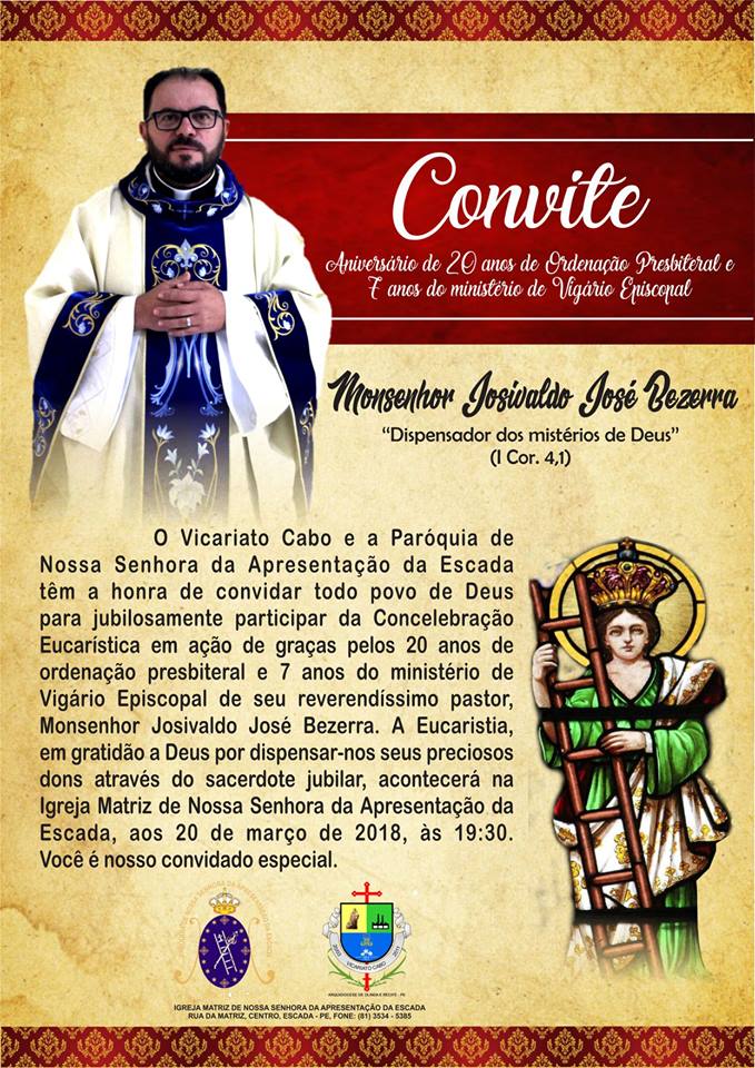 Vicariato Cabo convida: 4° lustro sacerdotal mons. Josivaldo Bezerra (20/03/18)