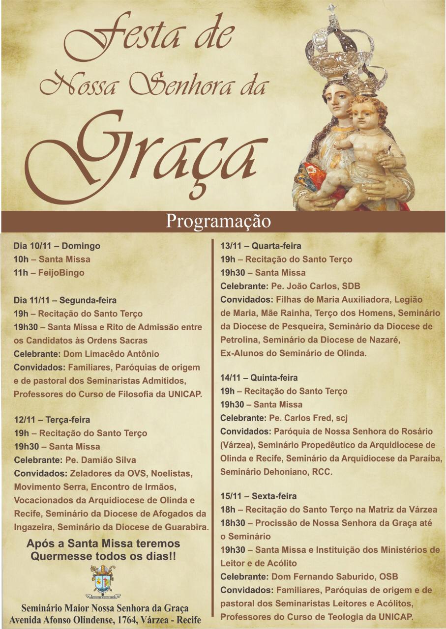 Seminário Maior realiza festa de Nossa Senhora da Graça (de 10 a 15/11)